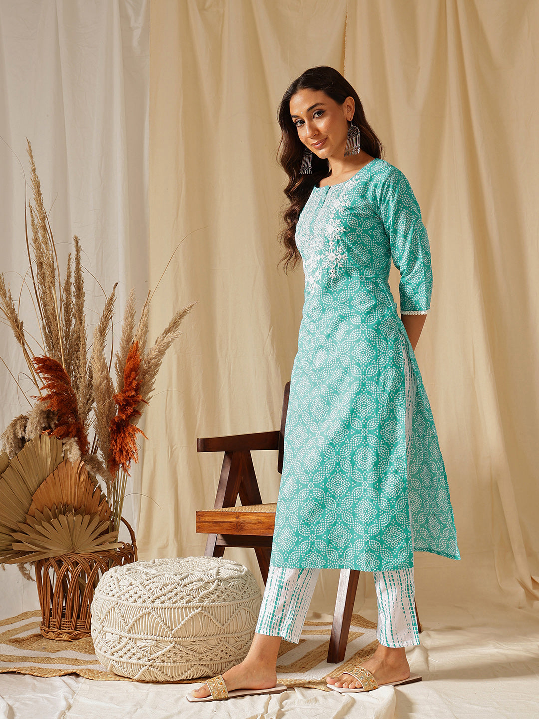 Blue Embroidered Bandhni Printed Cotton Suit Set