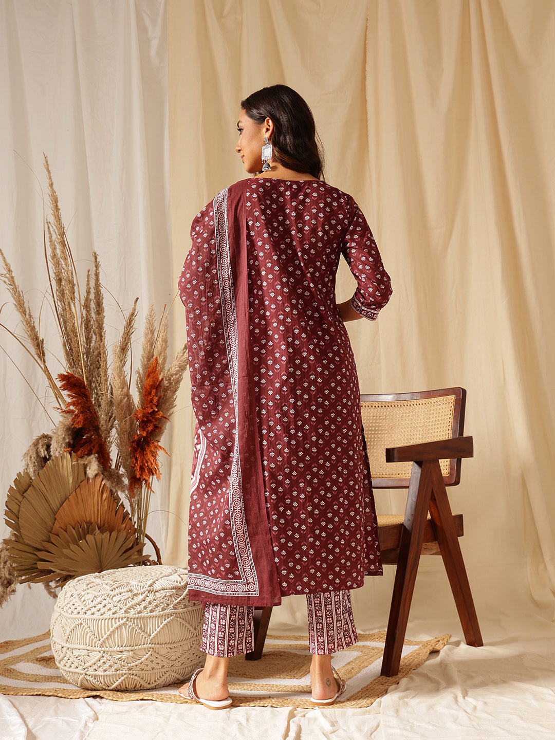 Maroon Floral Printed Cotton Suit Set