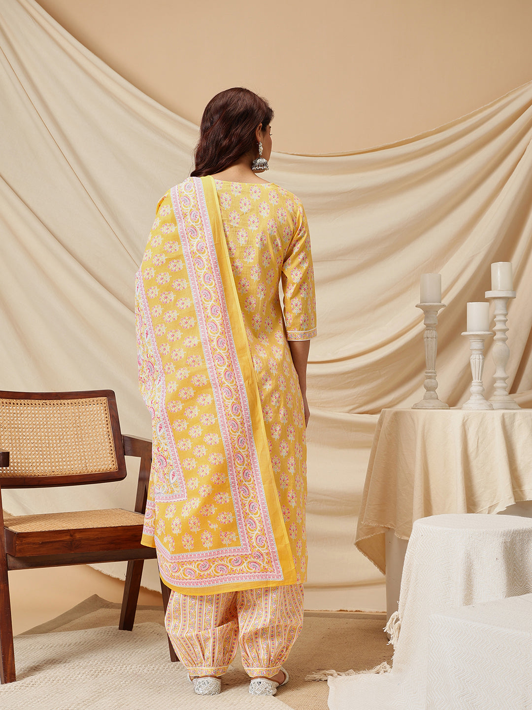 Yellow Embroidered Floral Printed Cotton Suit Set