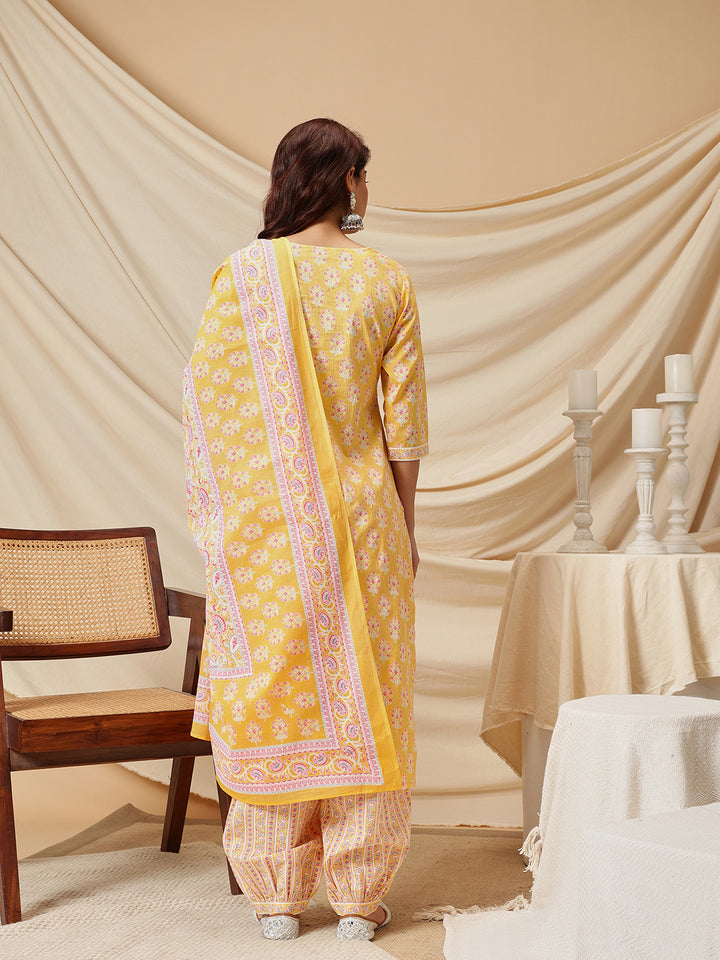Yellow Embroidered Floral Printed Cotton Suit Set