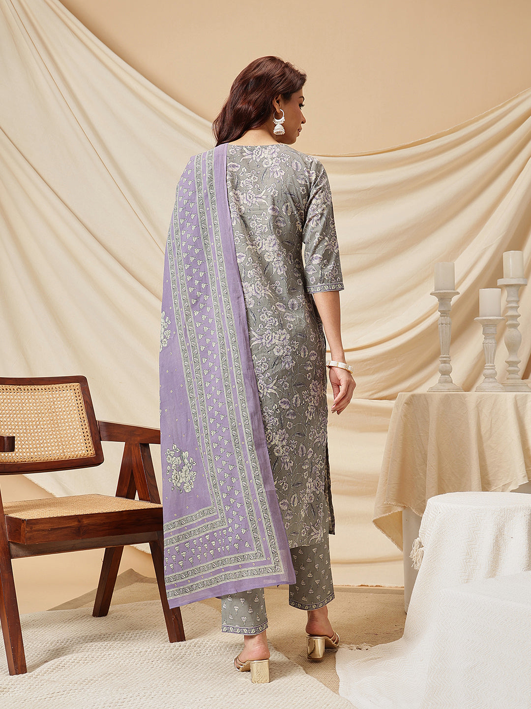 Grey Floral Printed Cotton Suit Set
