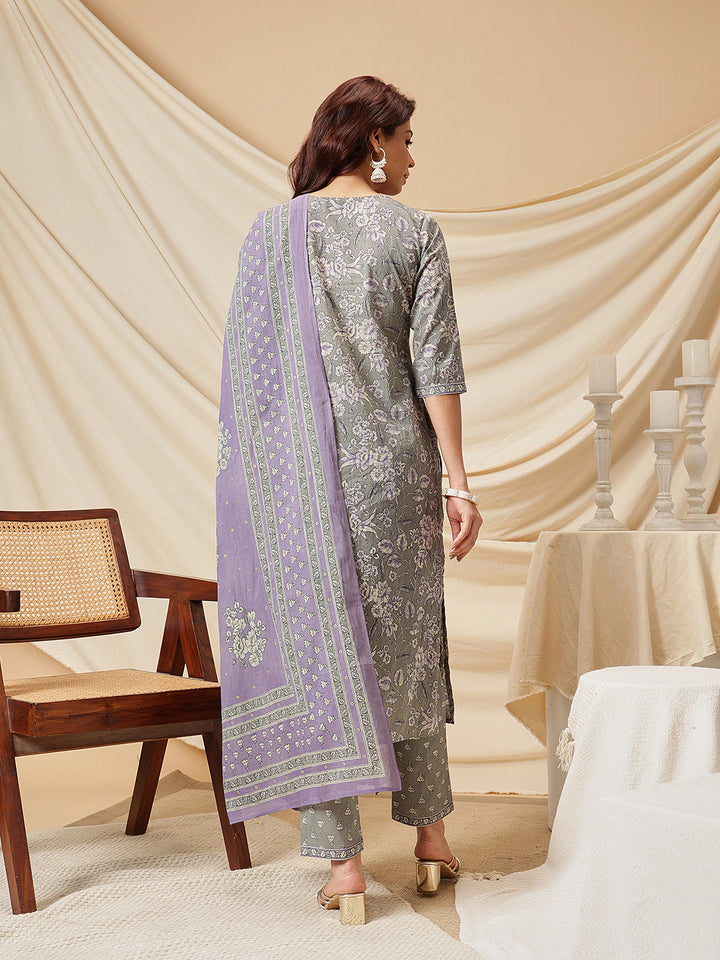 Grey Floral Printed Cotton Suit Set