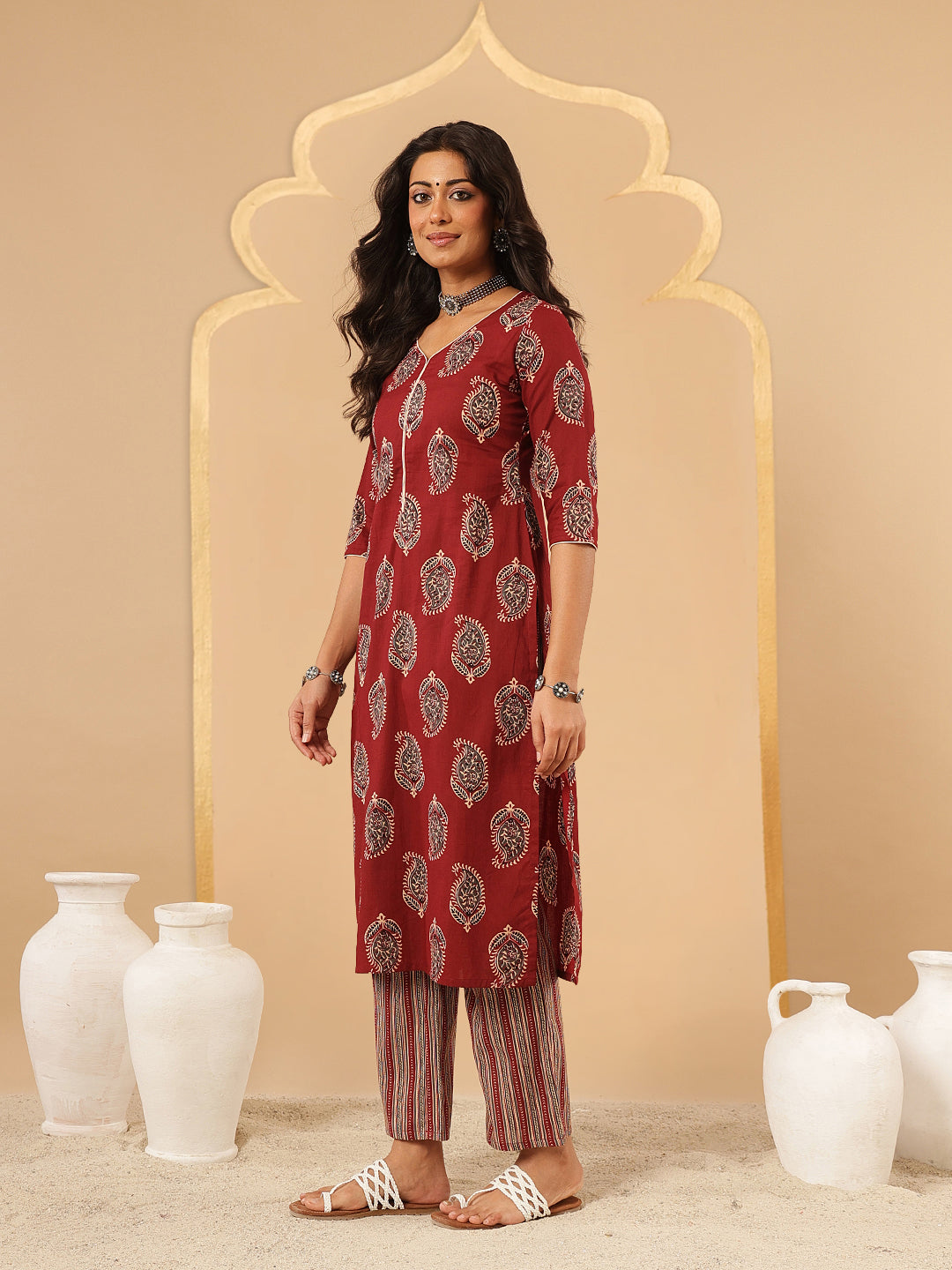 Maroon Ethnic Printed Cotton Suit Set