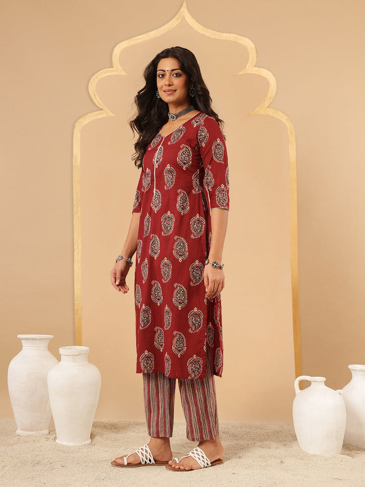 Maroon Ethnic Printed Cotton Suit Set