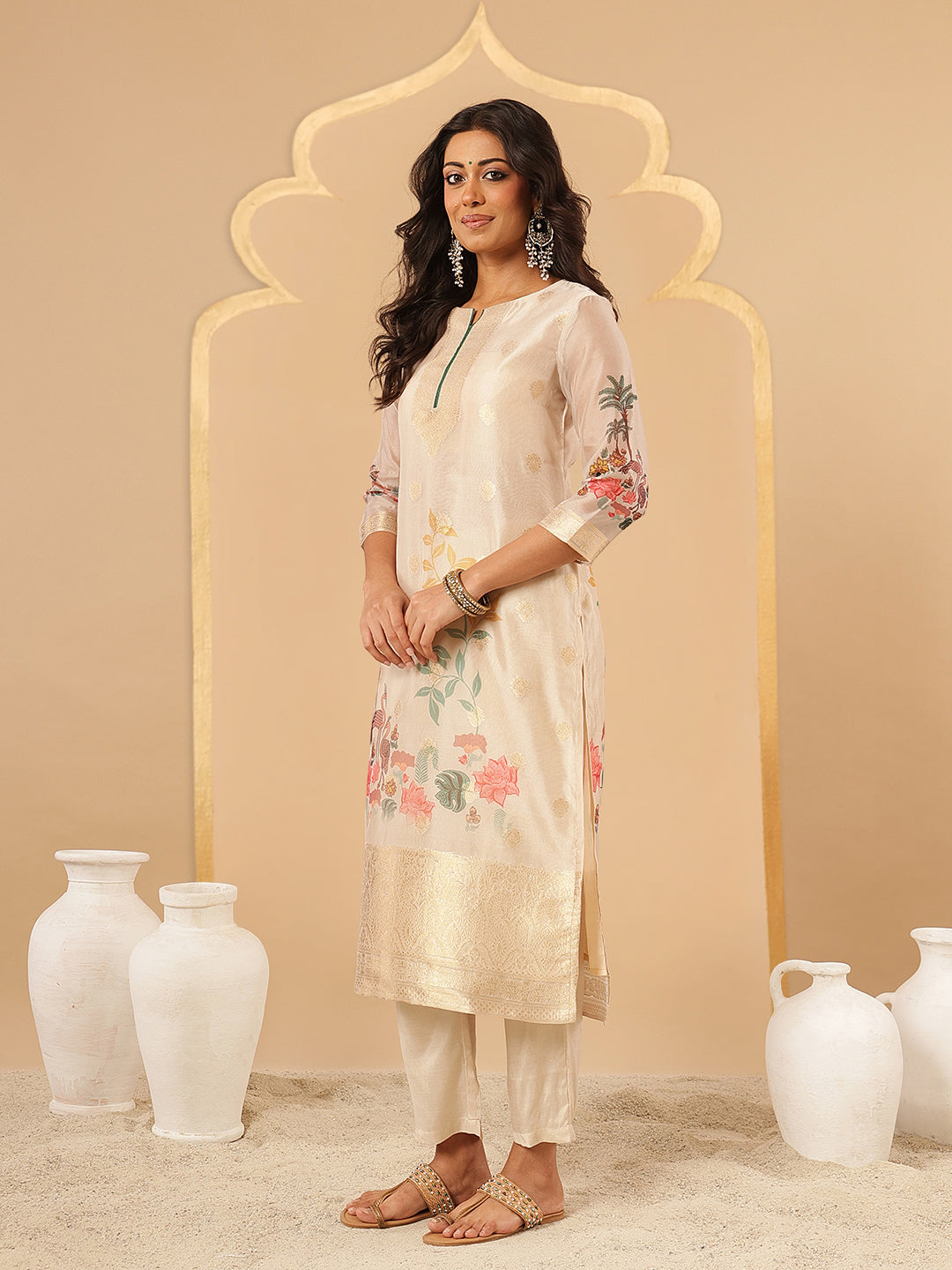 Beige Floral Printed Organza Suit Set