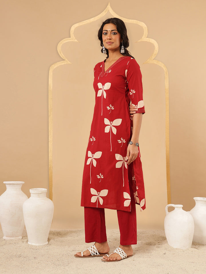 Red Printed Cotton Suit Set