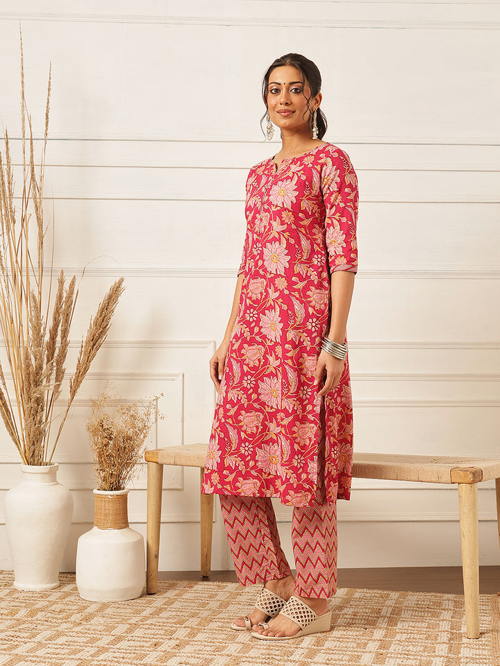 Pink Floral Printed Printed Suit Set