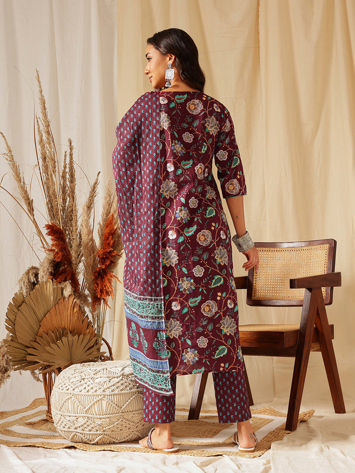 Maroon Floral Printed Cotton Suit Set