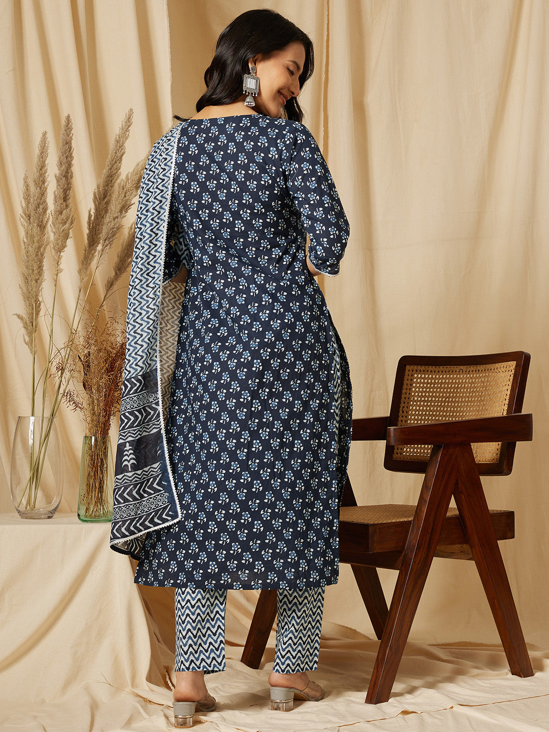 Navy Blue Embroidery Cotton Suit Set