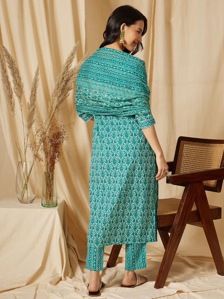 Blue Ethnic Motif Printed Cotton Suit Set