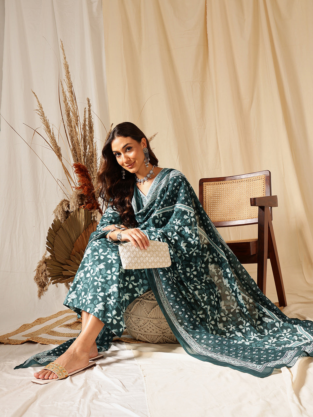 Sea Green Floral Printed Cotton Suit Set