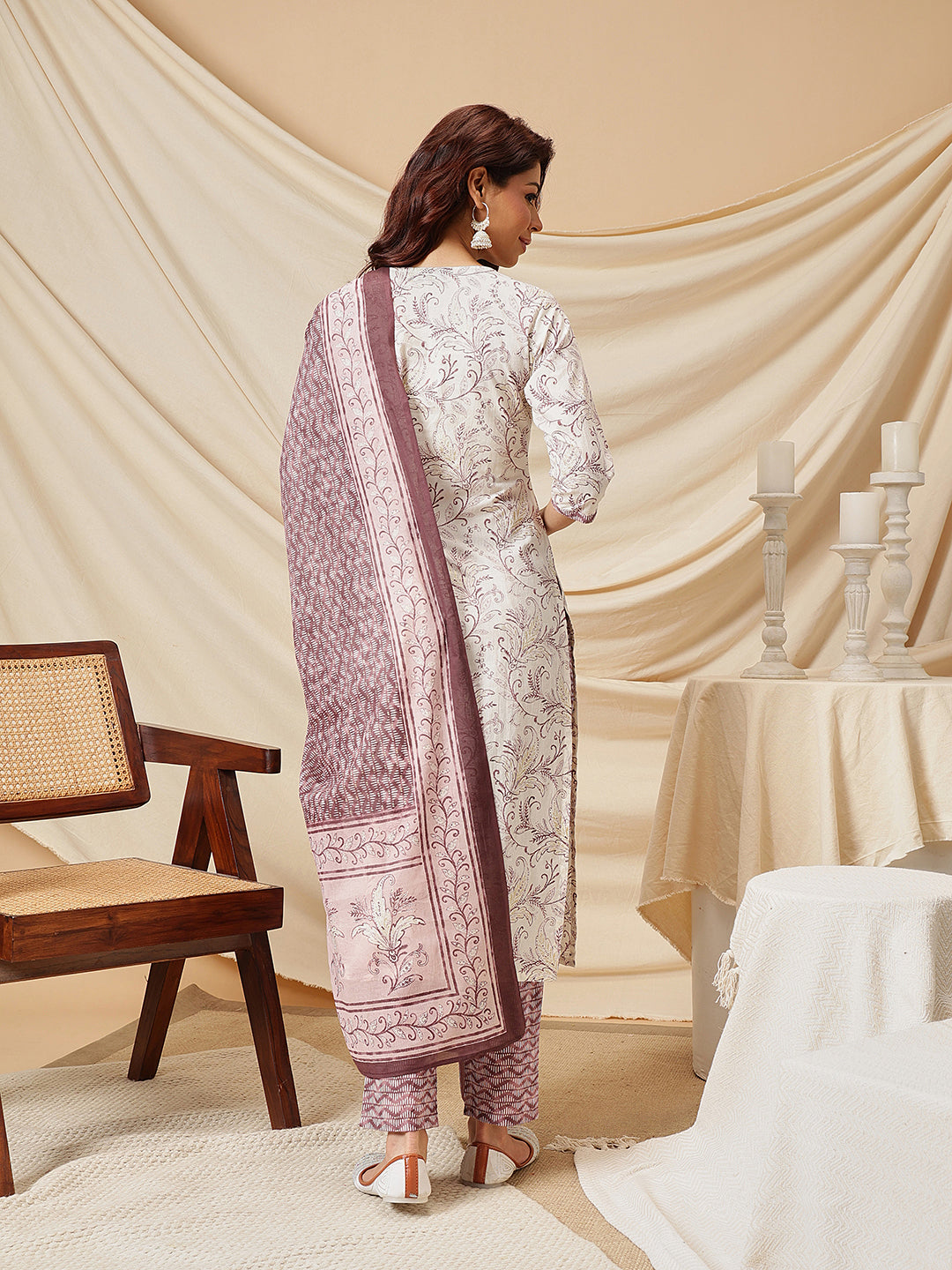 White Golden Floral Printed Cotton Suit Set