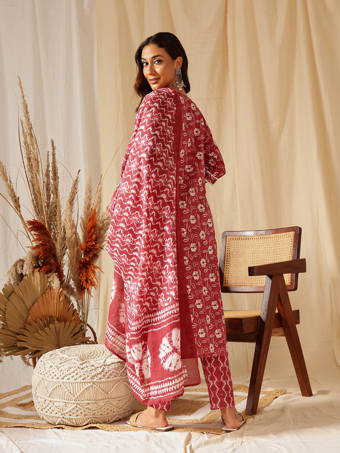 Maroon Printed Cotton Suit Set