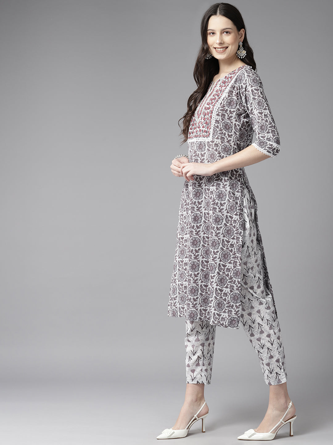 Grey Embroiderd Floral Printed Cotton Suit Set