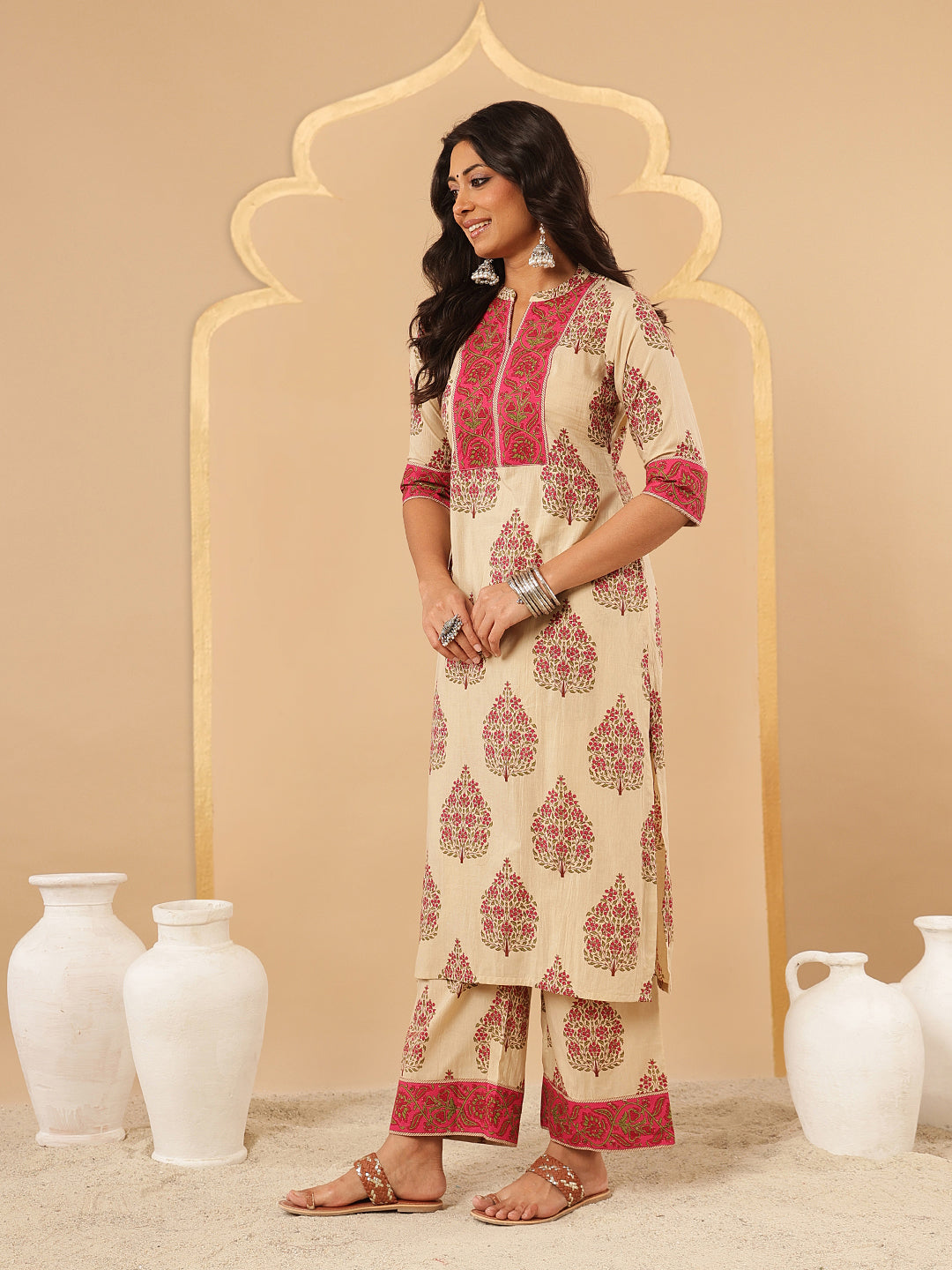 Magenta Floral Printed Cotton Suit Set