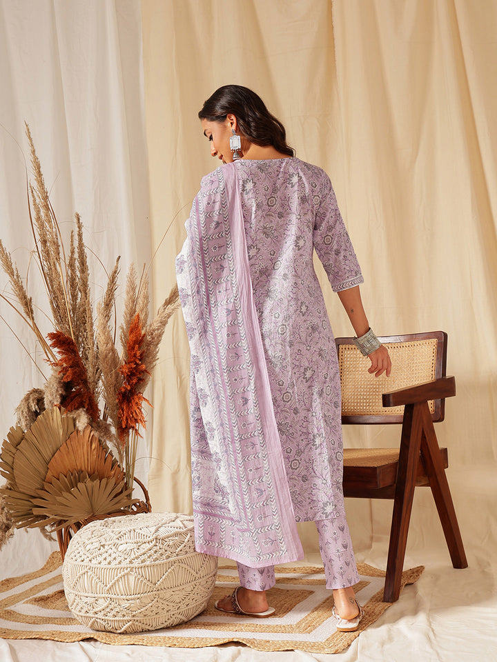 Purple Floral Printed Cotton Suit Set