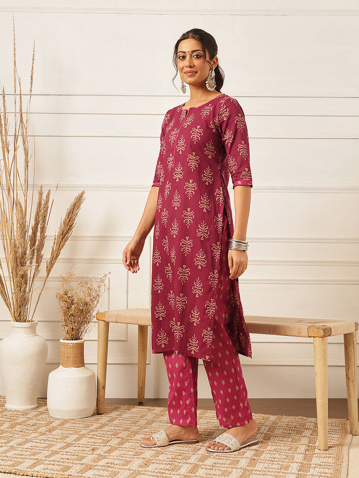 Pink Printed Straight Cotton Suit Set