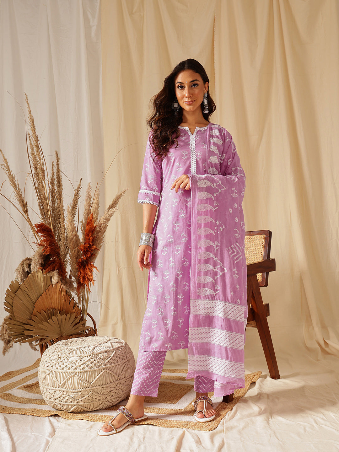 Lilac Printed Cotton Suit Set