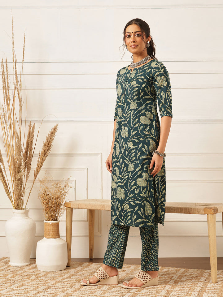 Blue Floral Printed Cotton Suit Set