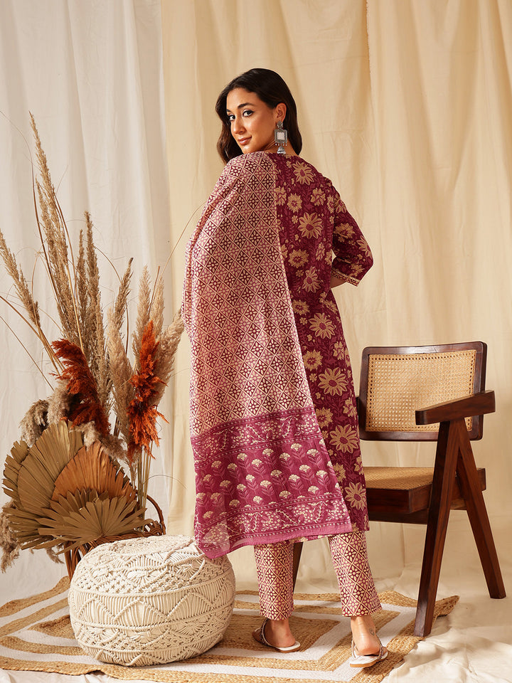 Burgundy Ethnic Motif Cotton  Suit Set