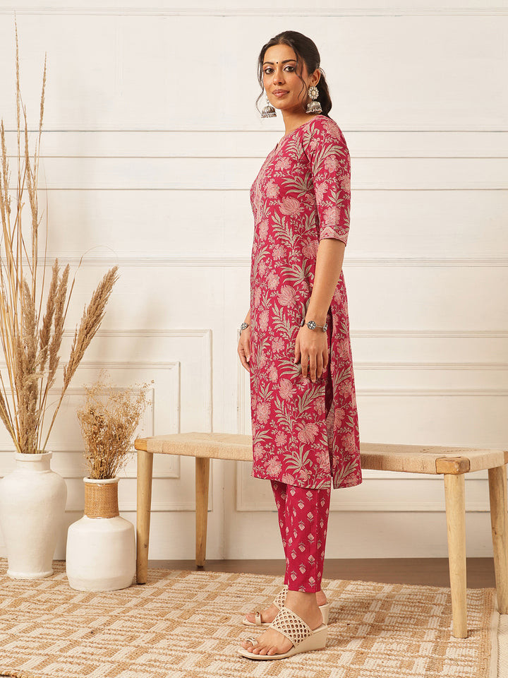 Pink V Neck Printed Cotton Suit Set