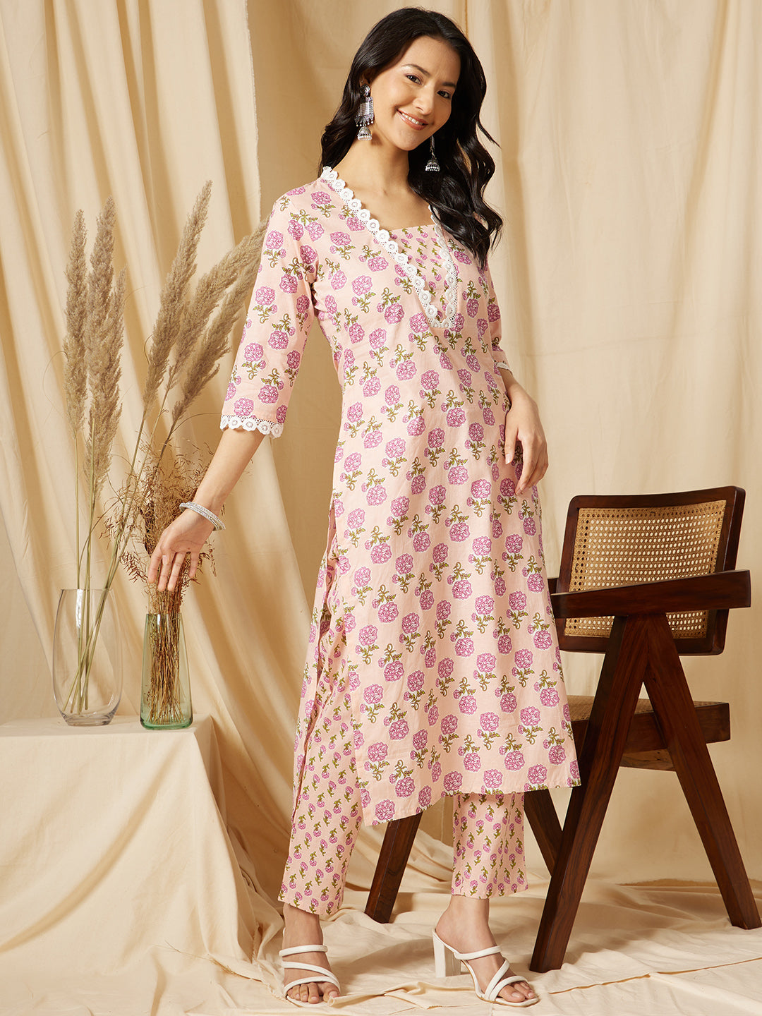 Pink Floral Printed Cotton Suit Set