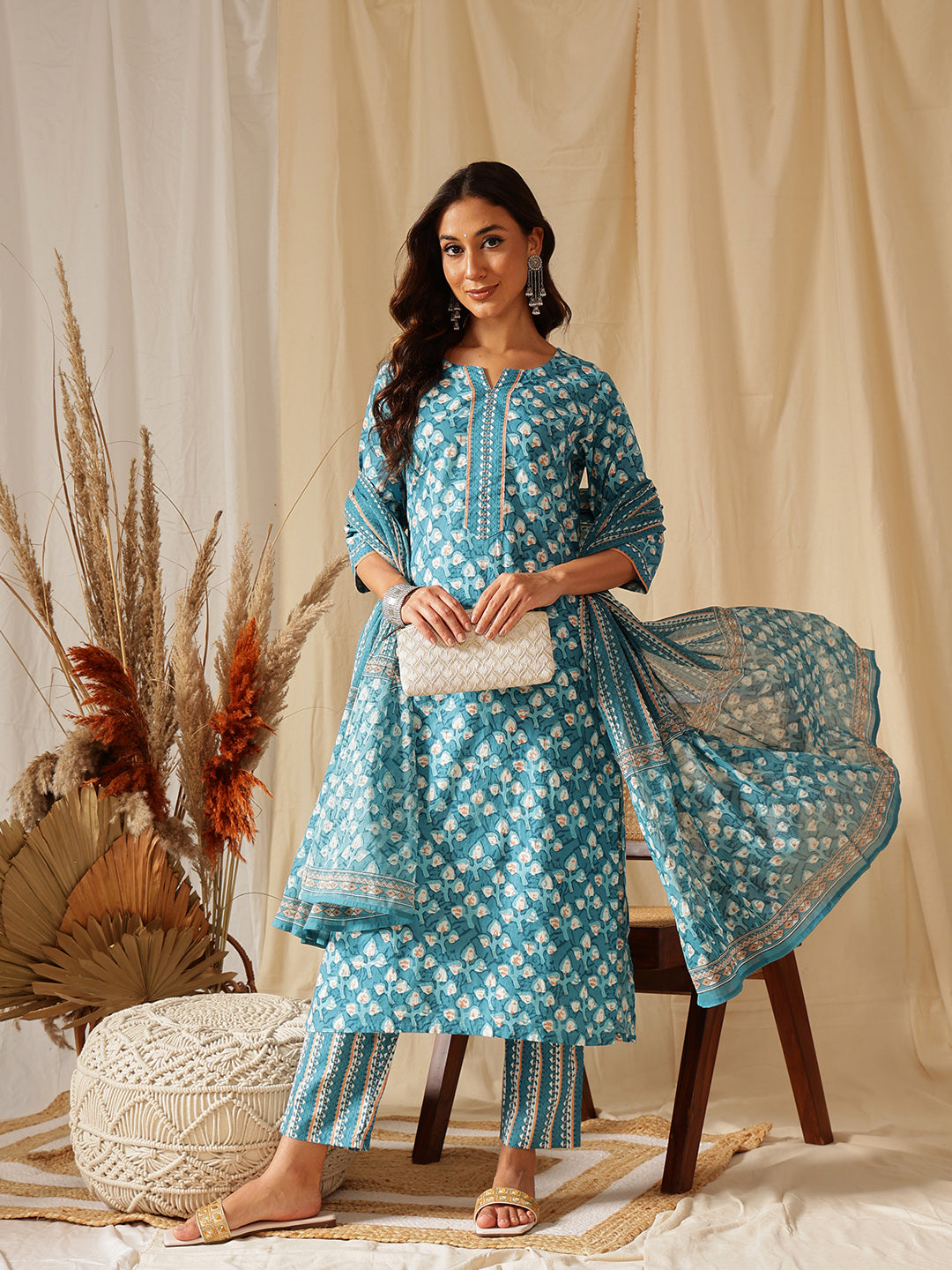 Blue Ethnic Motif Printed Cotton Suit Set