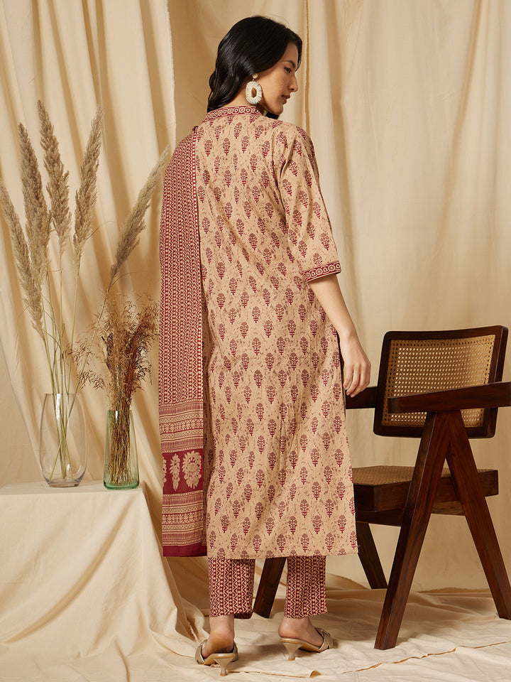 Beige And Maroon Ethnic Motifs Printed Cotton Suit Set