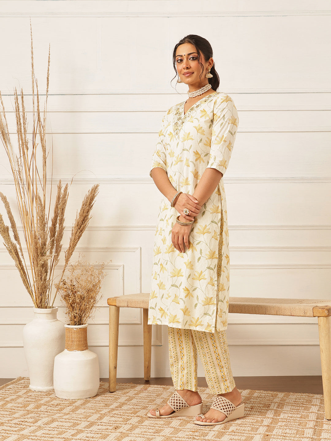 Yellow Embroidered Cotton Kurta Set