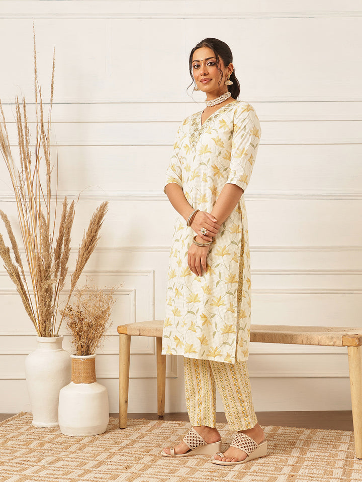 Yellow Embroidered Cotton Kurta Set