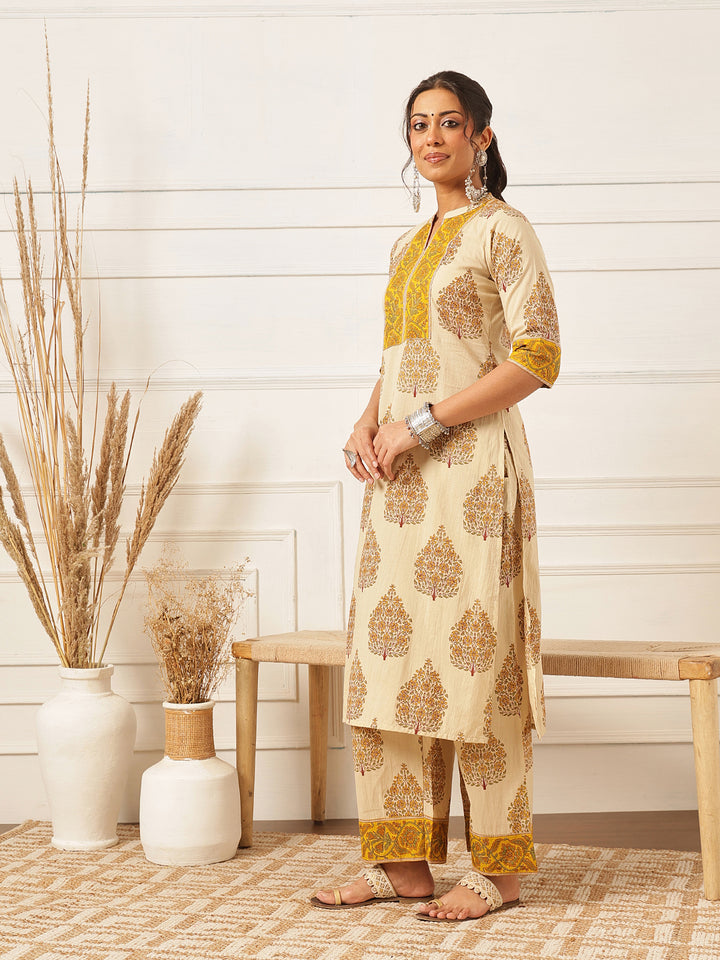 Mustard Floral Printed Cotton Suit Set