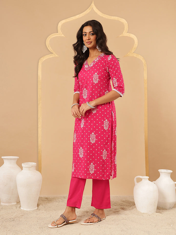 Pink Embroidered V-Neck Kurta Set