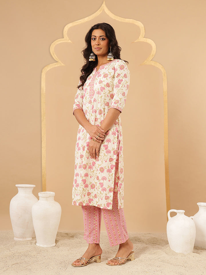 Pink Floral Printed Cotton Suit Set