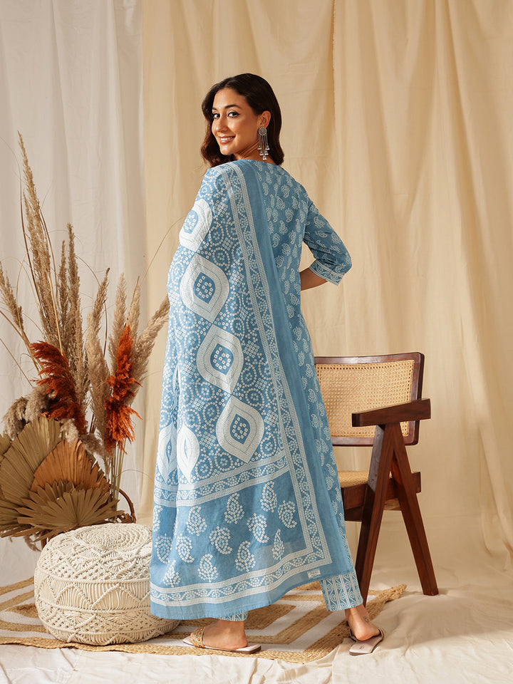 Blue Floral Printed Cotton Suit Set