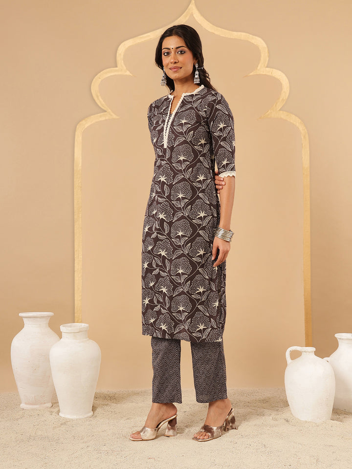 Brown Floral Printed Cotton Suit Set