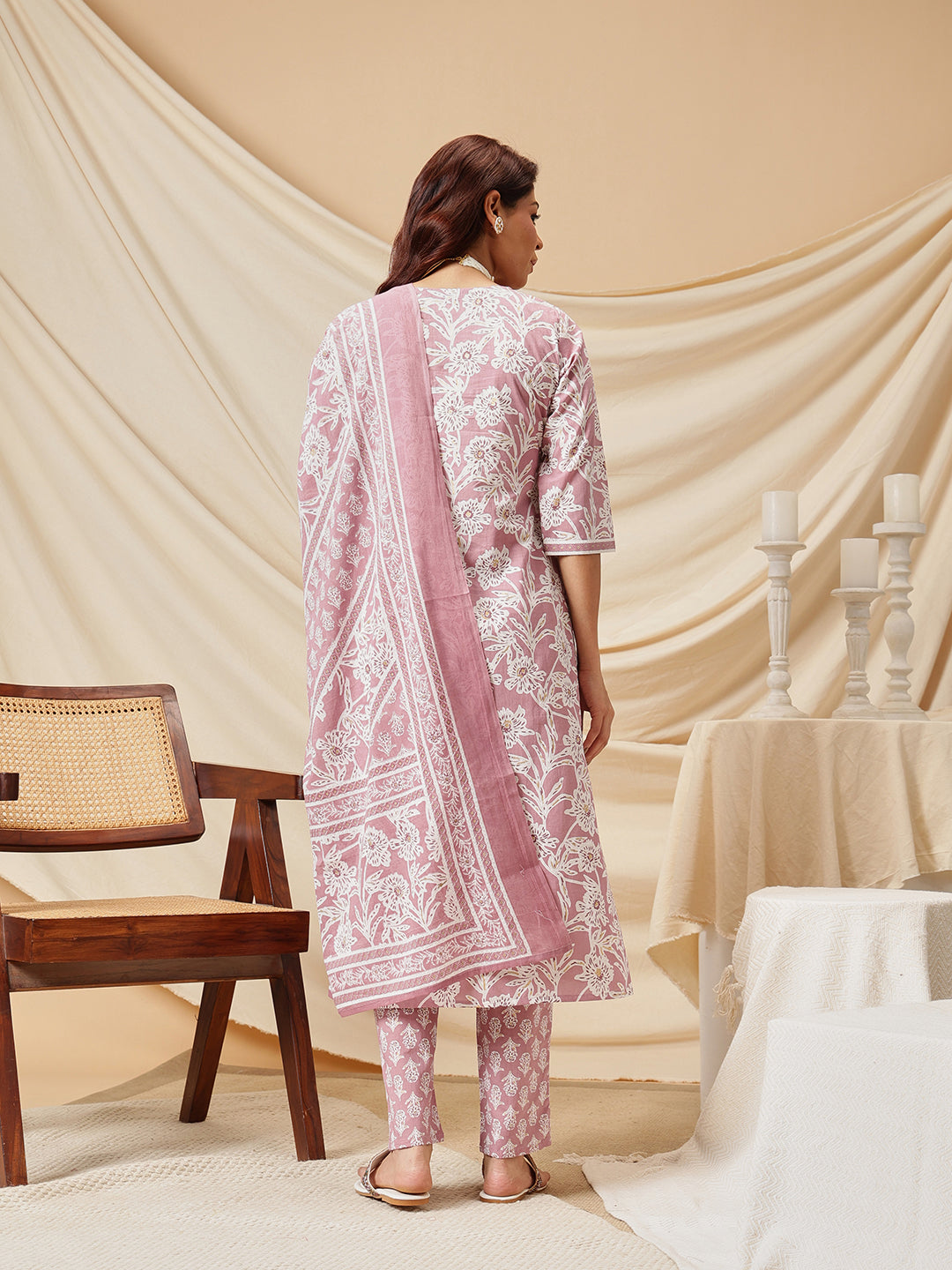 Pink Floral Printed Cotton Suit Set