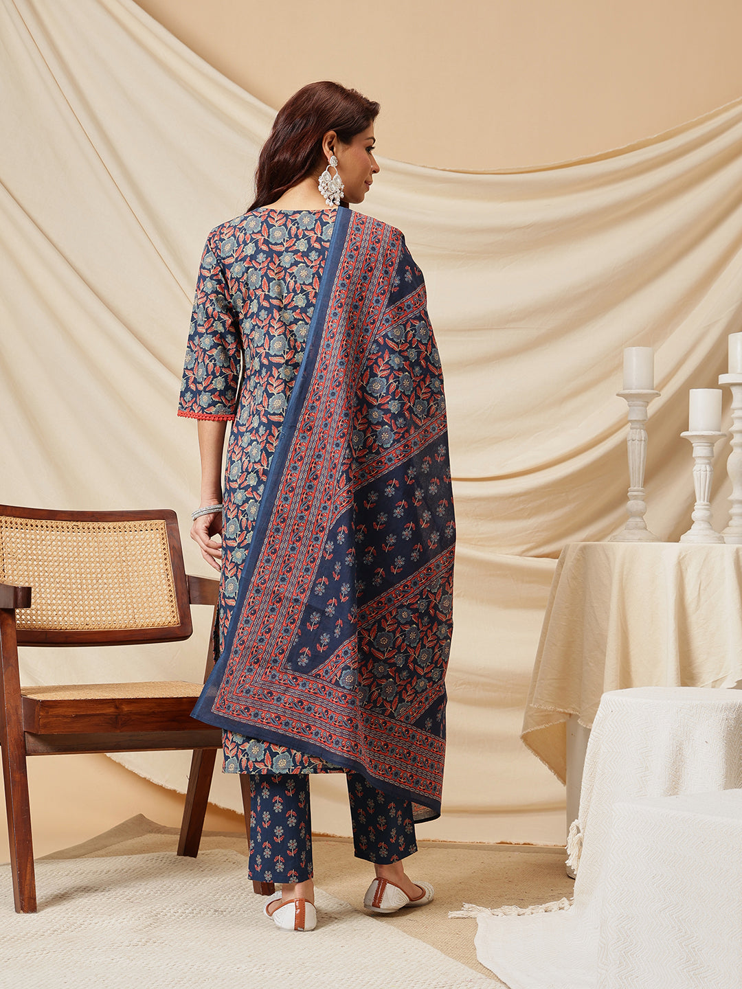 Navy Blue Floral Printed Cotton Suit Set