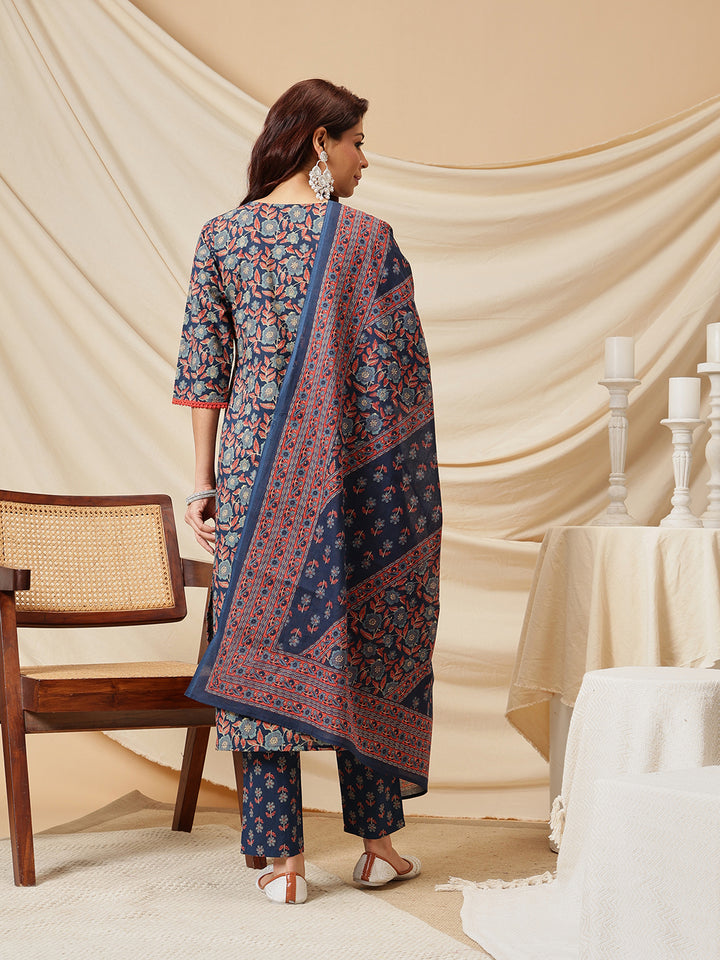 Navy Blue Floral Printed Cotton Suit Set