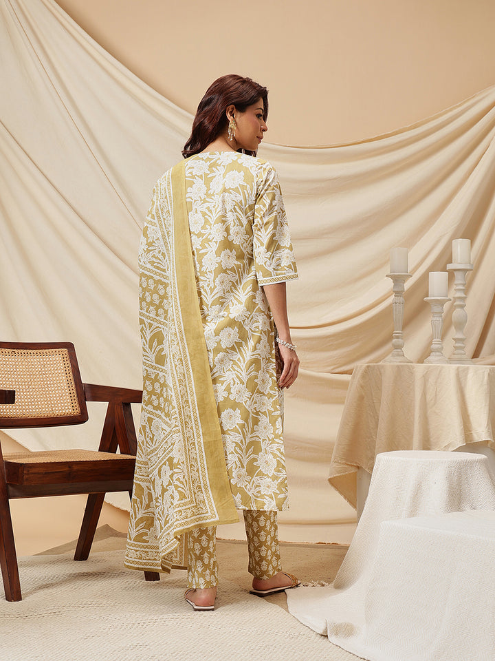 Mustard Floral Printed Cotton Suit Set