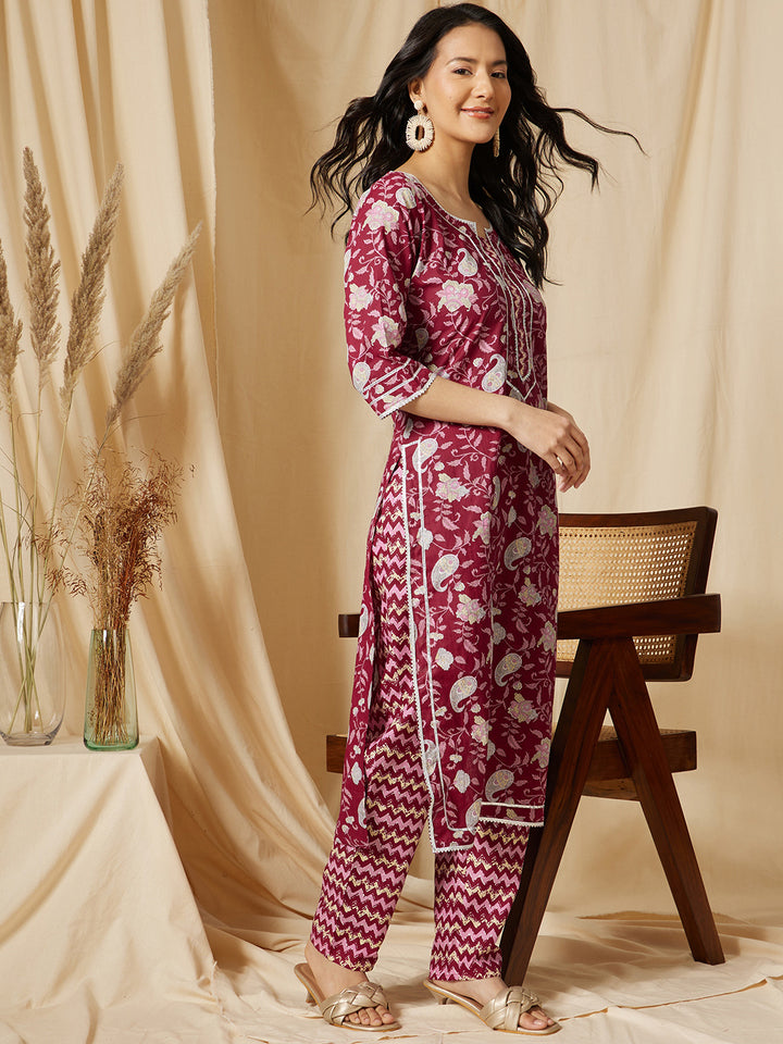 Magenta Printed Straight Cotton Suit Set