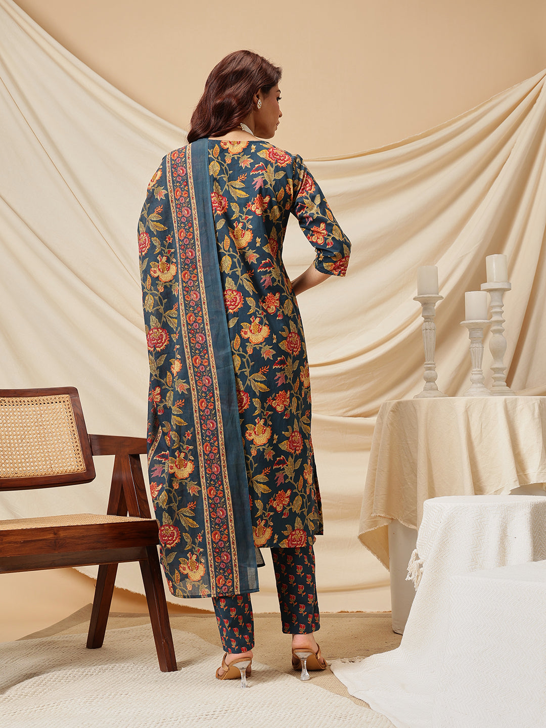 Navy Embroidered Floral Printed Cotton Suit Set