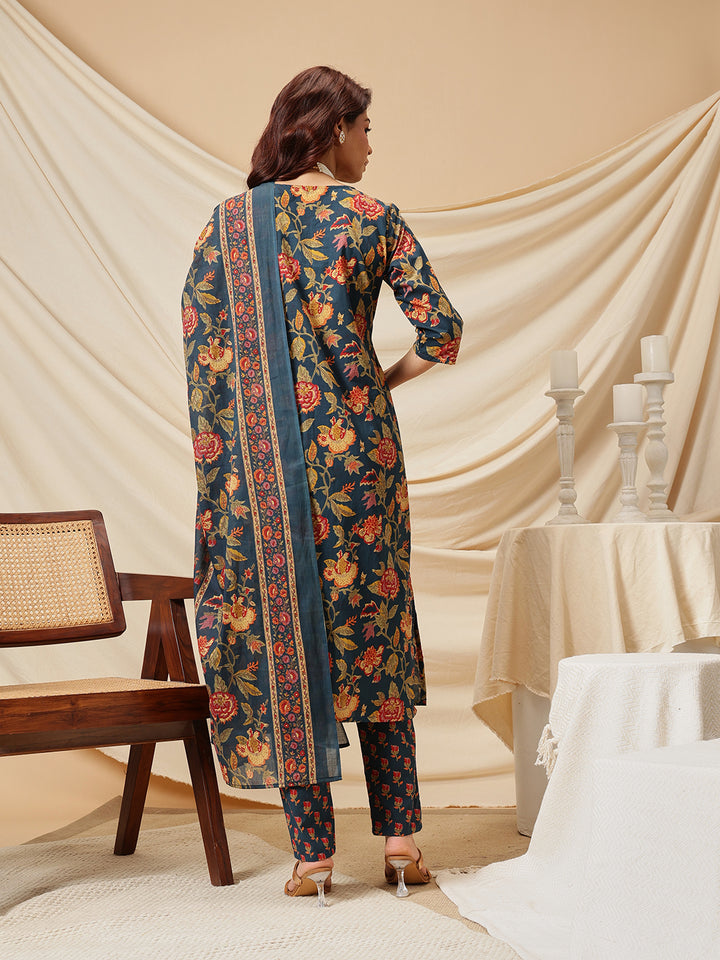 Navy Embroidered Floral Printed Cotton Suit Set