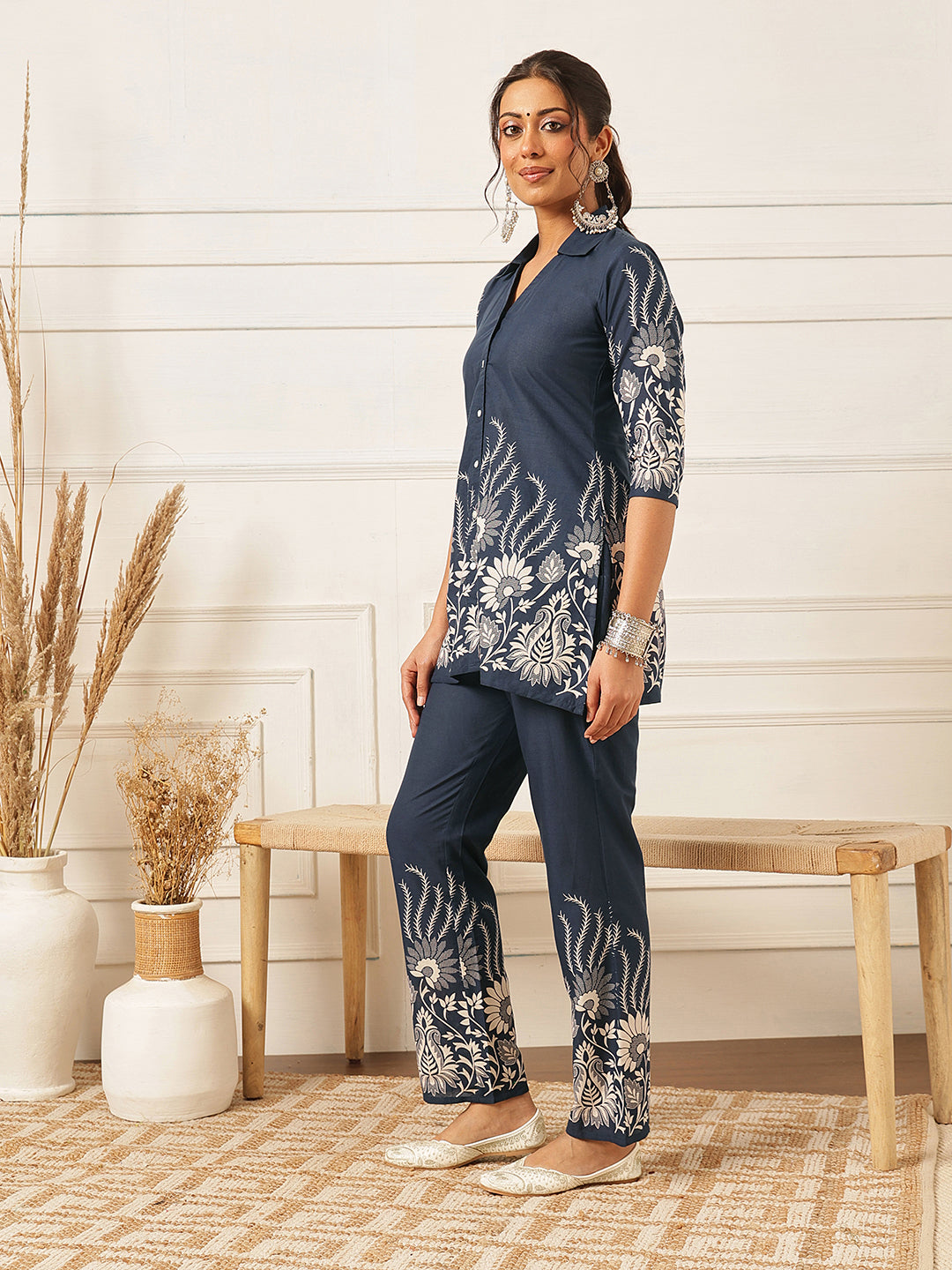Floral Crest Cotton Co-Ord Set: Dark Sapphire