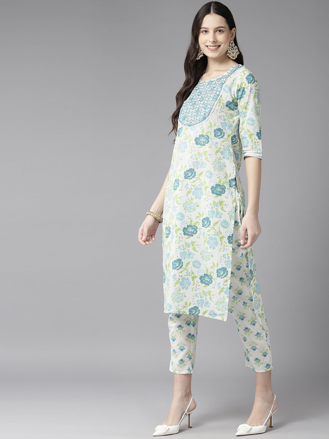 White Floral Embroidered Printed Cotton Suit Set