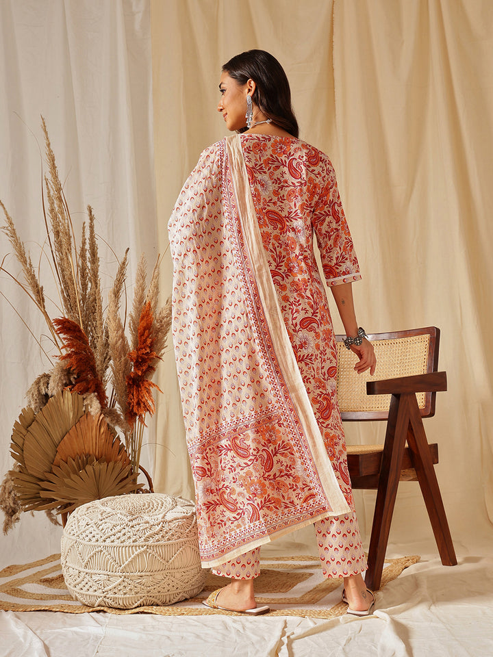 Beige And Orange Floral Printed Cotton Suit Set