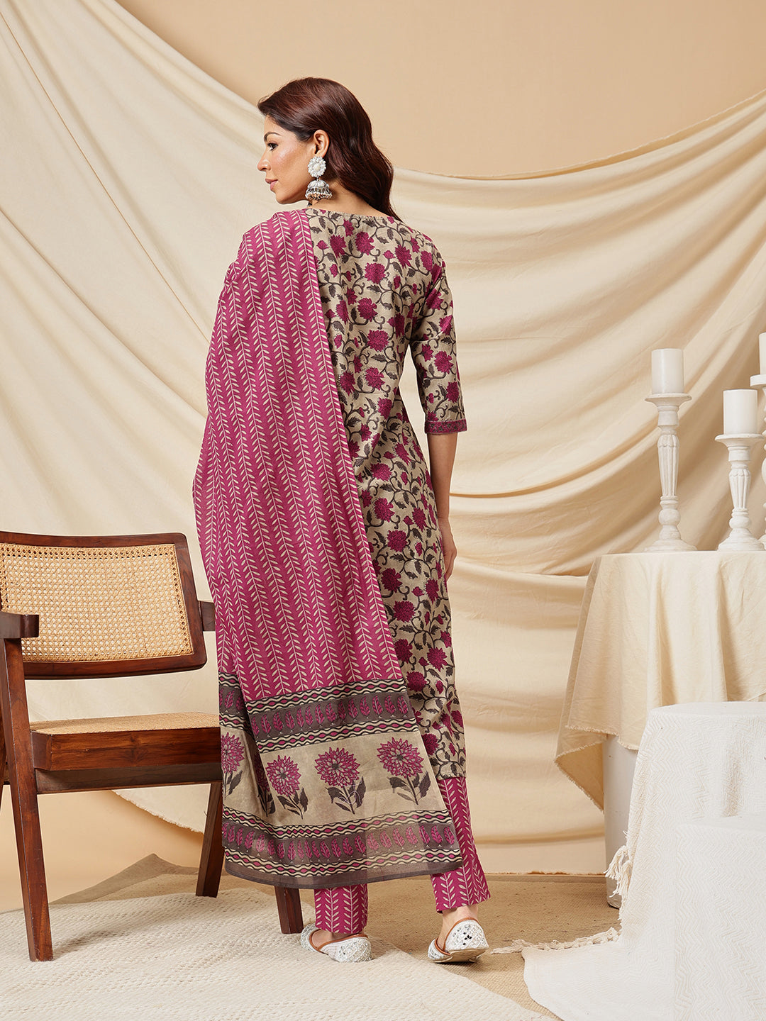 Beige Floral Printed Cotton Suit Set