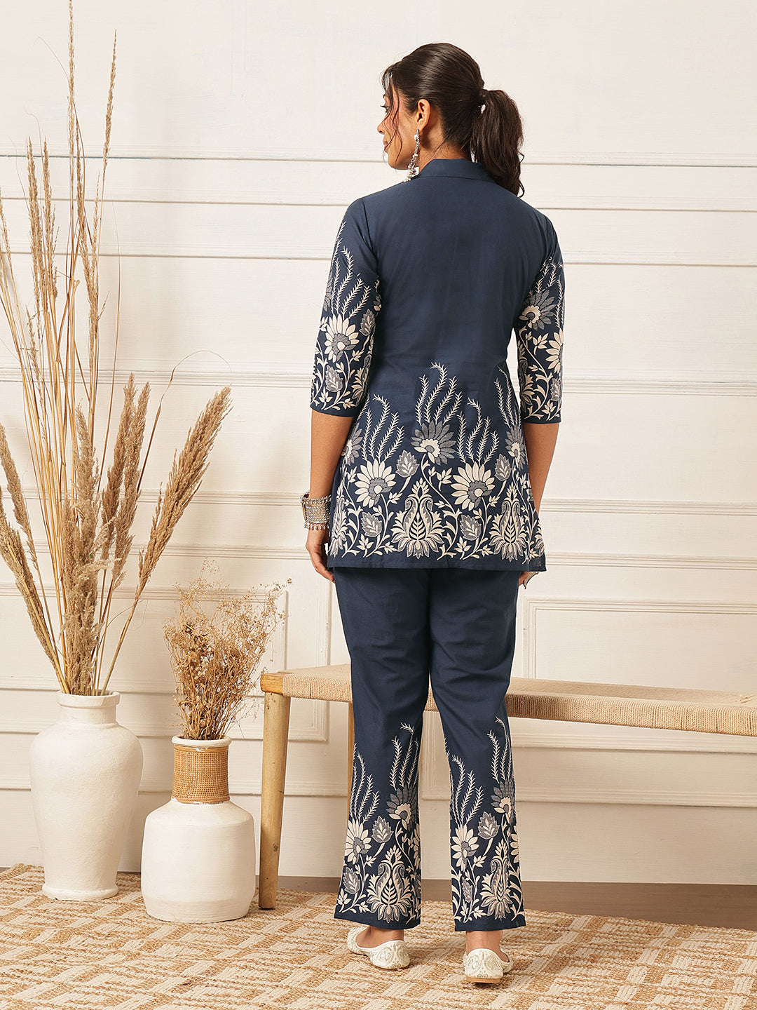 Floral Crest Cotton Co-Ord Set: Dark Sapphire