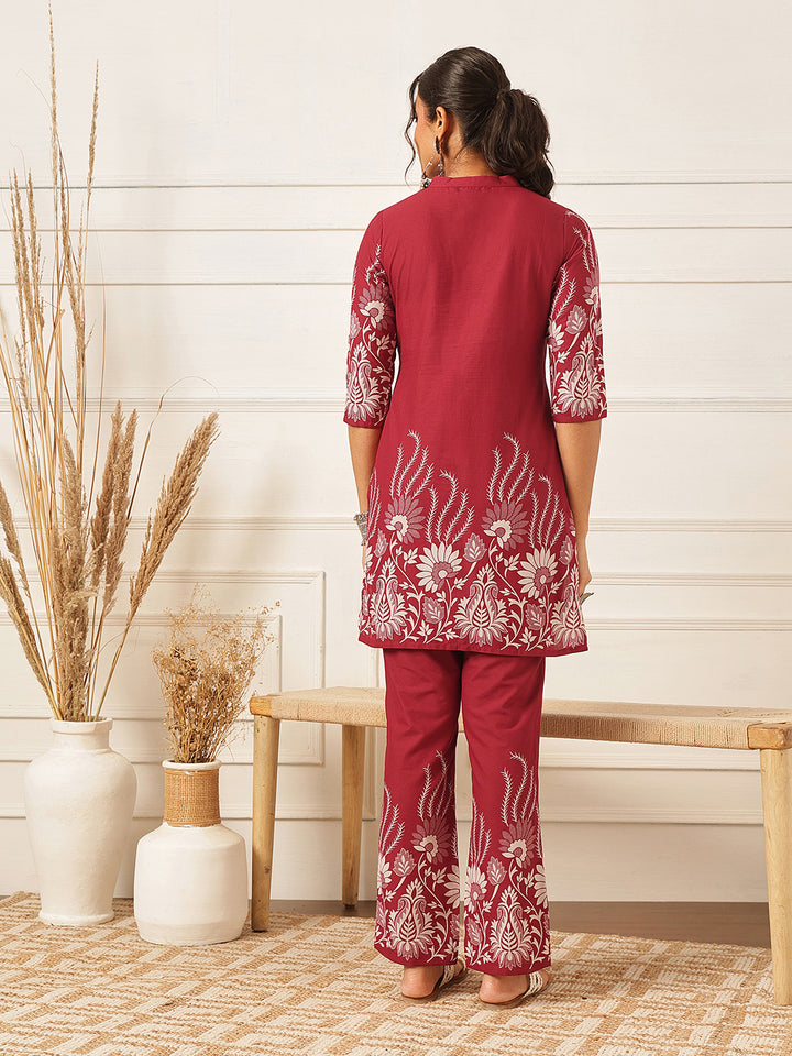 Floral Crest Cotton Co-Ord Set: Cherry Wine