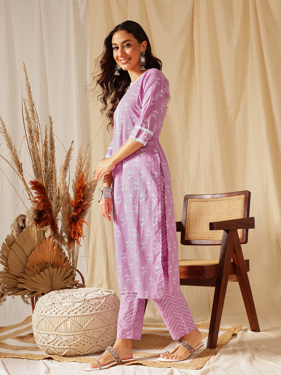 Lilac Printed Cotton Suit Set