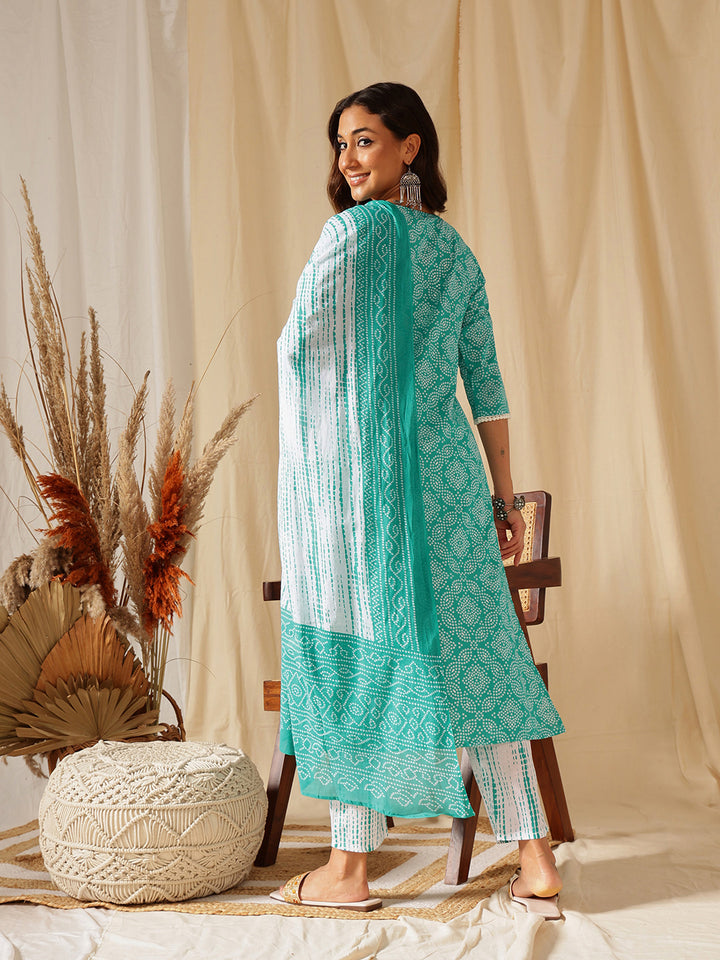 Blue Embroidered Bandhni Printed Cotton Suit Set